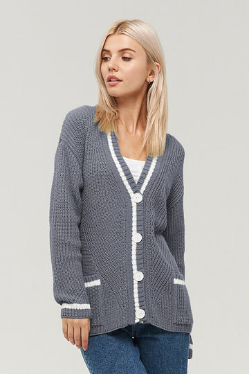 Woochic pull cardigan tricoté col en v manches longues avec poches gris clair S